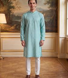 Mens blue linen bandhani printed regular kurta