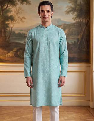 Mens blue linen bandhani printed regular kurta 2