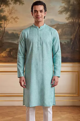 Mens blue linen bandhani printed regular kurta