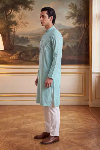 Mens blue linen bandhani printed regular kurta