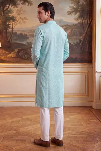 Mens blue linen bandhani printed regular kurta