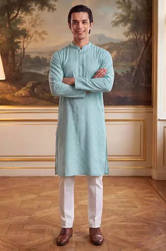 Mens blue linen bandhani printed regular kurta