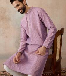 Mens lavender jacquard solid embroidered kurta