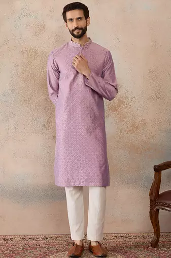 Mens lavender jacquard solid embroidered kurta