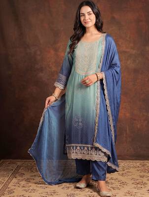 Women Ombre Dyed Regular Thread Work Kurta with Trousers & With Dupatta 1