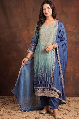 Women Ombre Dyed Regular Thread Work Kurta with Trousers & With Dupatta