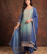 Women Ombre Dyed Regular Thread Work Kurta with Trousers & With Dupatta