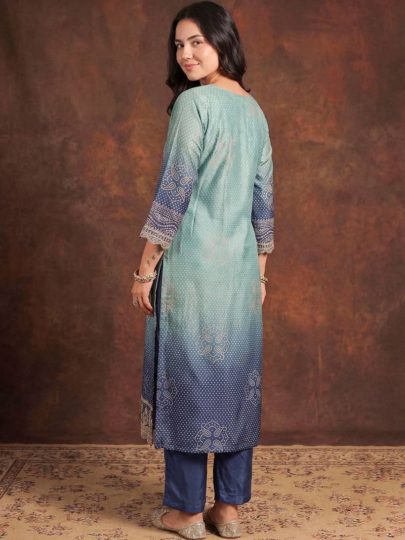 Women Ombre Dyed Regular Thread Work Kurta with Trousers & With Dupatta