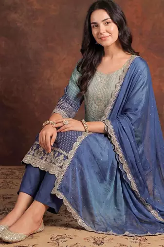 Women Ombre Dyed Regular Thread Work Kurta with Trousers & With Dupatta