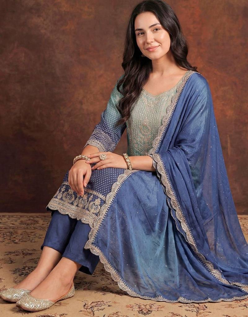 Women Ombre Dyed Regular Thread Work Kurta with Trousers & With Dupatta