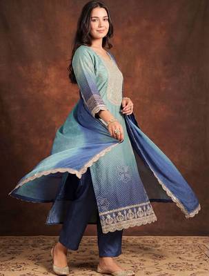 Women Ombre Dyed Regular Thread Work Kurta with Trousers & With Dupatta 5