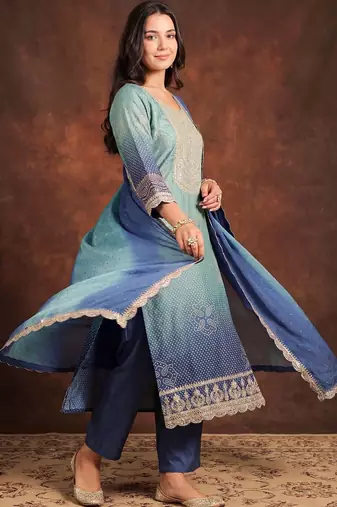 Women Ombre Dyed Regular Thread Work Kurta with Trousers & With Dupatta