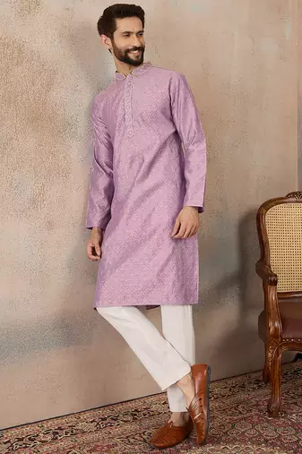 Mens lavender jacquard solid embroidered kurta
