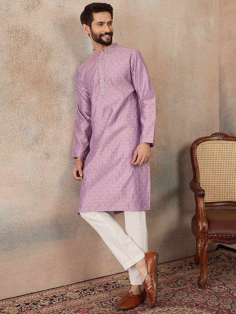 Mens lavender jacquard solid embroidered kurta