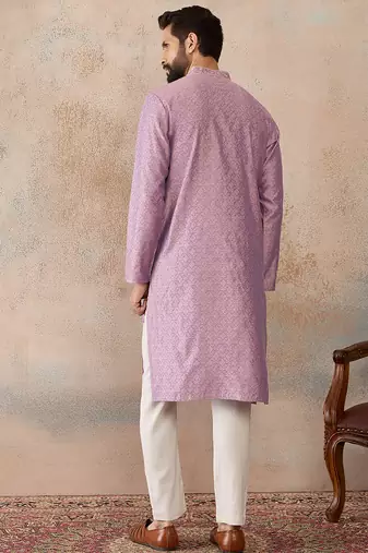Mens lavender jacquard solid embroidered kurta