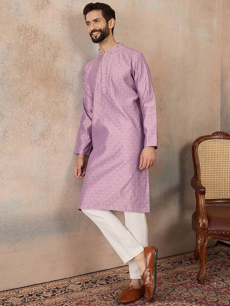 Mens lavender jacquard solid embroidered kurta