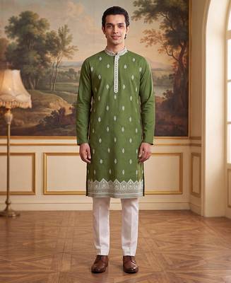 Mens green silk blend solid embroidered kurta 1