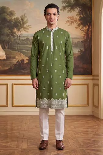 Mens green silk blend solid embroidered kurta