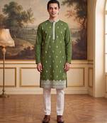 Mens green silk blend solid embroidered kurta