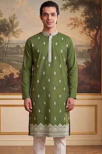 Mens green silk blend solid embroidered kurta