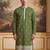 Mens green silk blend solid embroidered kurta