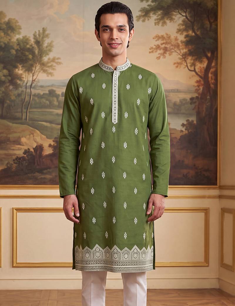 Mens green silk blend solid embroidered kurta