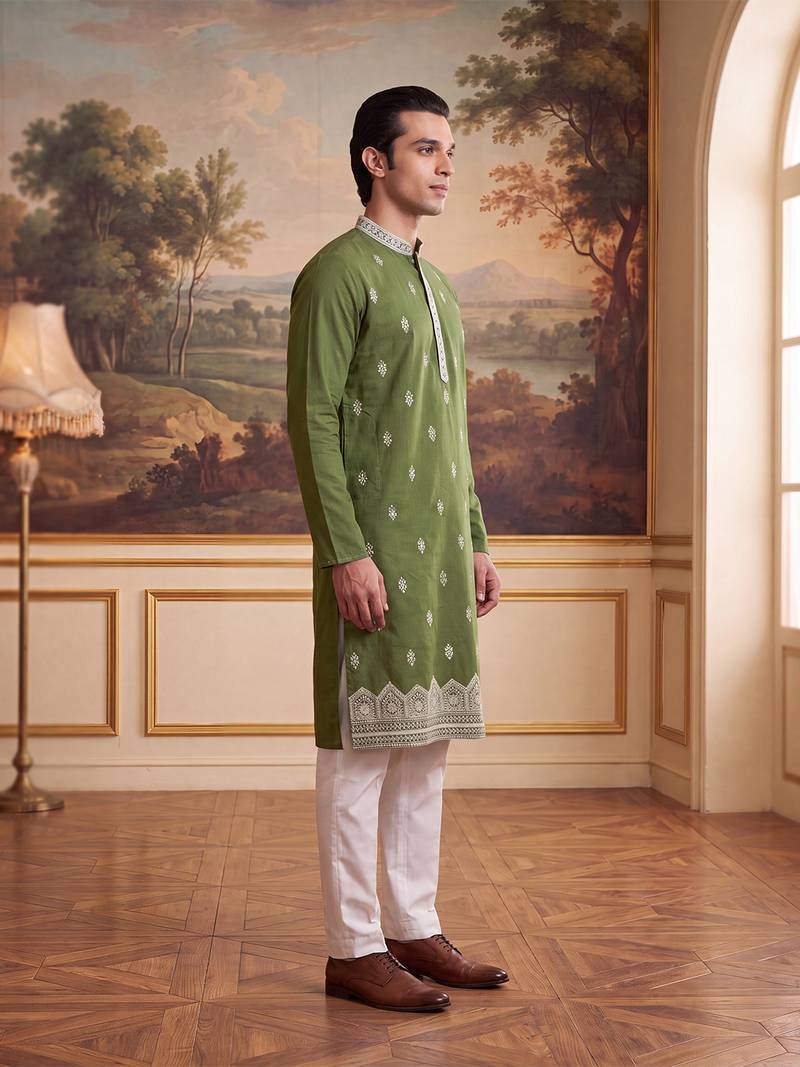Mens green silk blend solid embroidered kurta