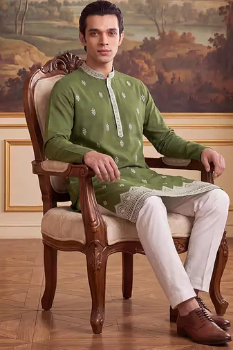 Mens green silk blend solid embroidered kurta