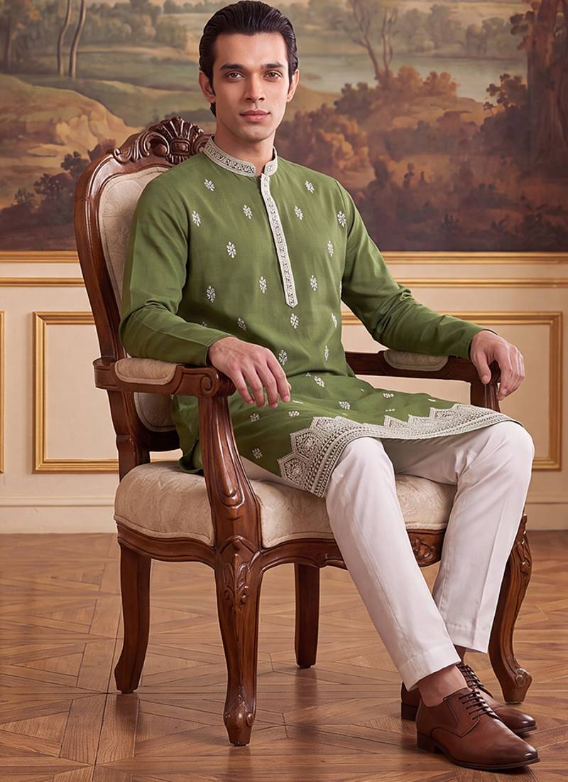 Mens green silk blend solid embroidered kurta