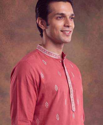 Mens peach silk blend solid embroidered kurta 1