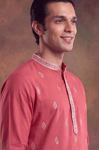 Mens peach silk blend solid embroidered kurta