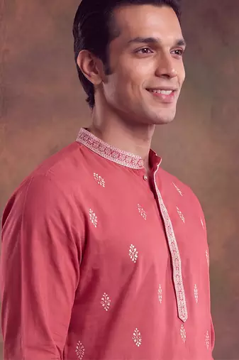 Mens peach silk blend solid embroidered kurta