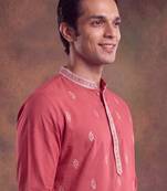 Mens peach silk blend solid embroidered kurta