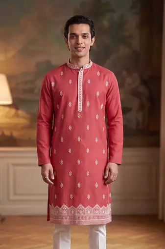 Mens peach silk blend solid embroidered kurta
