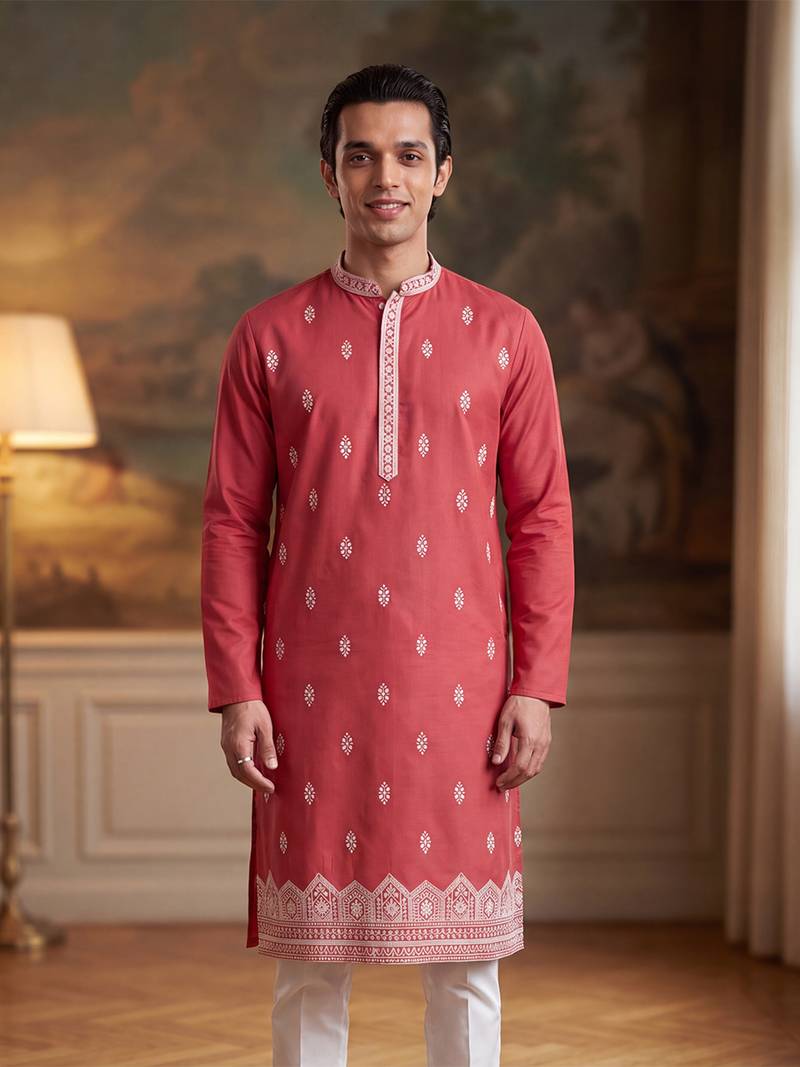 Mens peach silk blend solid embroidered kurta