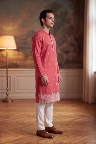 Mens peach silk blend solid embroidered kurta