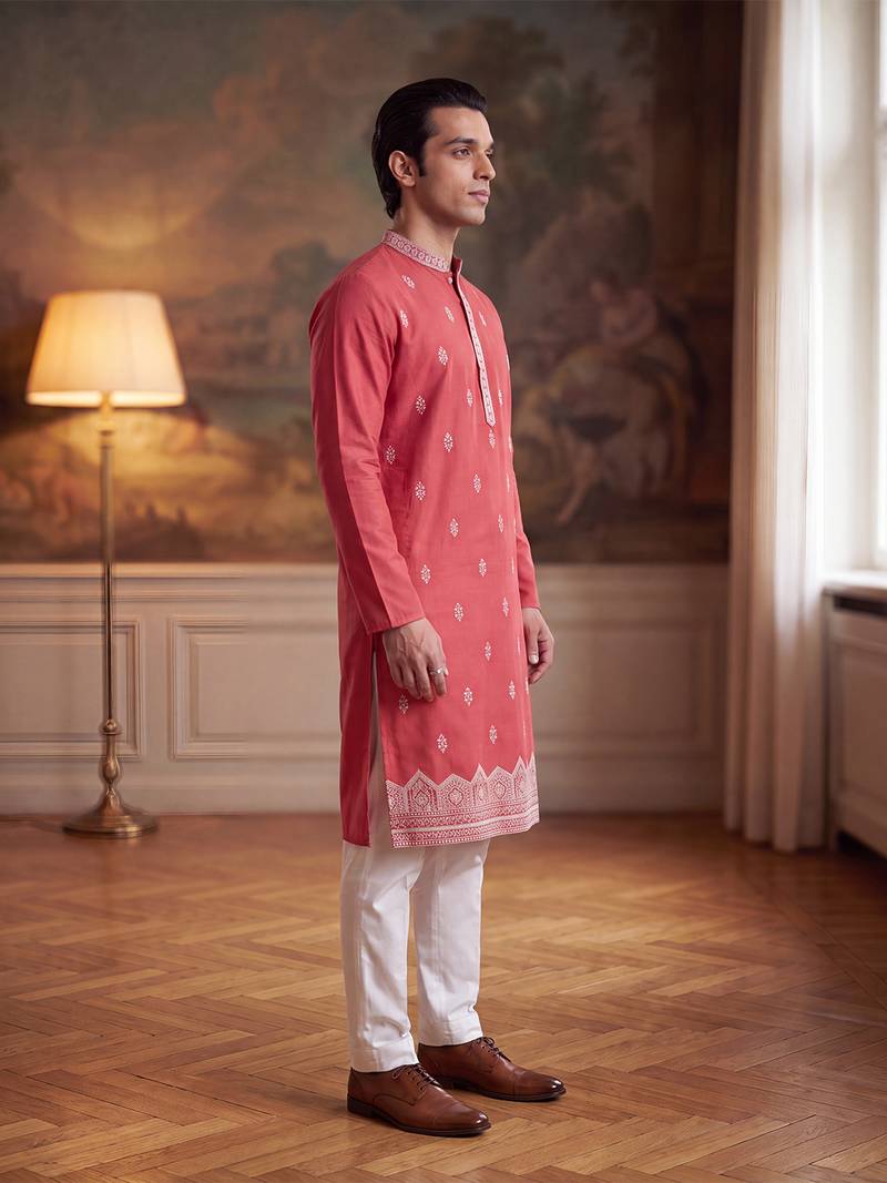 Mens peach silk blend solid embroidered kurta