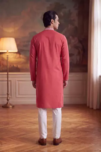 Mens peach silk blend solid embroidered kurta
