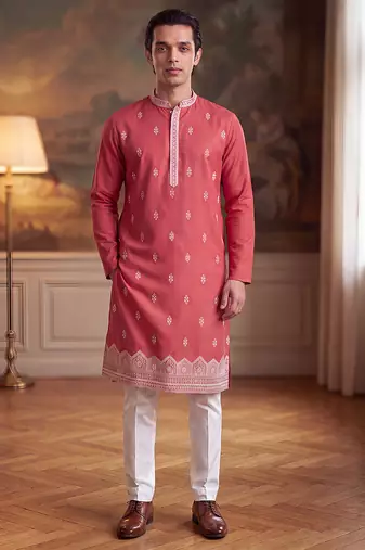 Mens peach silk blend solid embroidered kurta