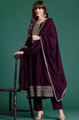 Women Ethnic Motifs Embroidered Regular Kurta with Trousers & With Dupatta