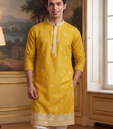 Mens yellow silk blend solid embroidered kurta