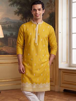 Mens yellow silk blend solid embroidered kurta 2