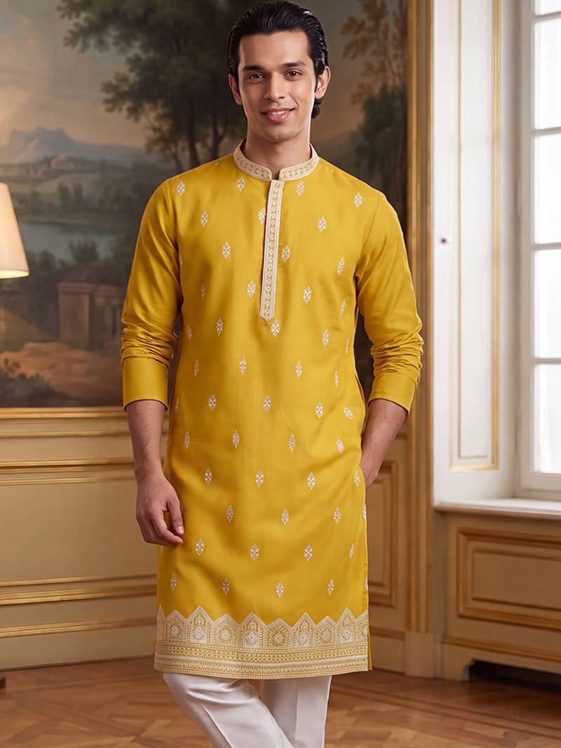 Mens yellow silk blend solid embroidered kurta