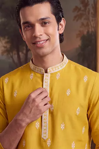 Mens yellow silk blend solid embroidered kurta
