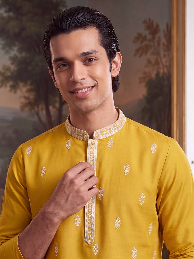 Mens yellow silk blend solid embroidered kurta