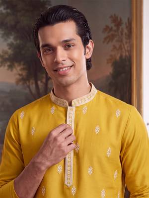 Mens yellow silk blend solid embroidered kurta 1