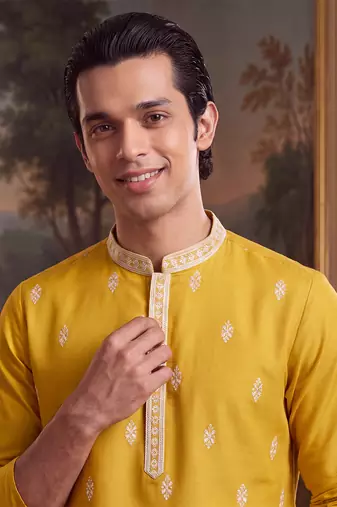 Mens yellow silk blend solid embroidered kurta
