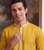 Mens yellow silk blend solid embroidered kurta