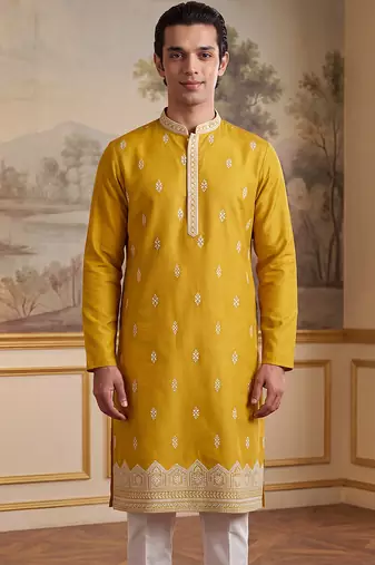 Mens yellow silk blend solid embroidered kurta