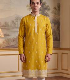 Mens yellow silk blend solid embroidered kurta